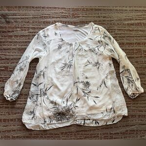 Women’s Rosemarine 100% Silk Chiffon Floral Print Top L Black White Long Sleeve